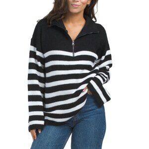 SUGAR LIPS Black/White Coastal Striped Half Zip Sweater